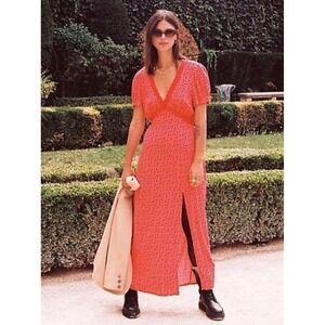 Free People Marley Maxi Dress‎ M Red Geometric Print Bright Retro Slit Cherry